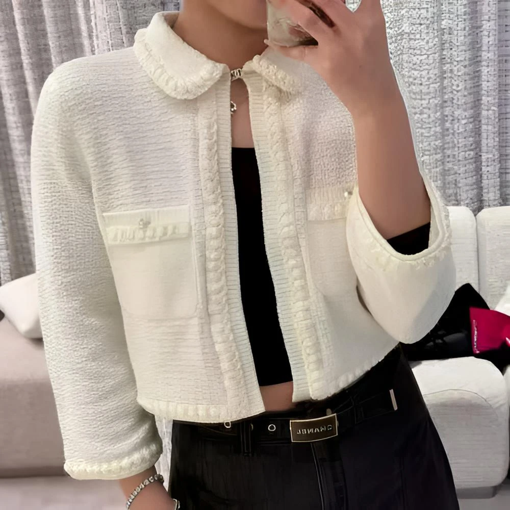 ⑨.⑨⑨秋冬上衣短款针织编织女翻领外套小香风休闲气质