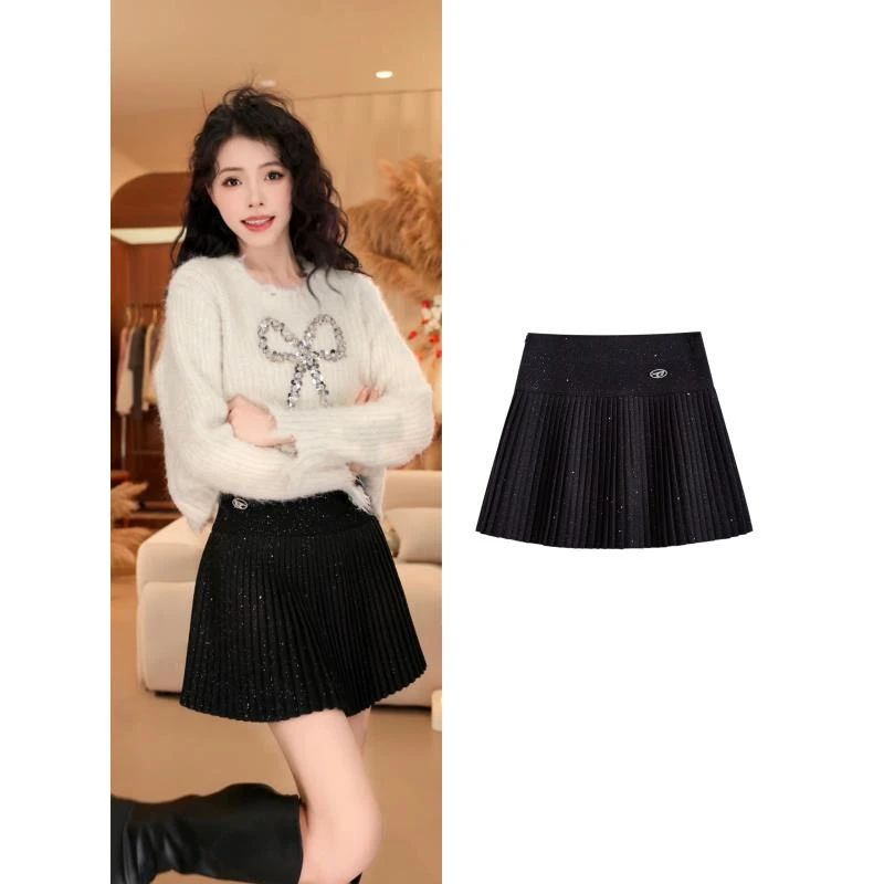 小香风细闪加厚百褶裙女冬季毛呢半身裙A字裙短裙百搭气质#8965