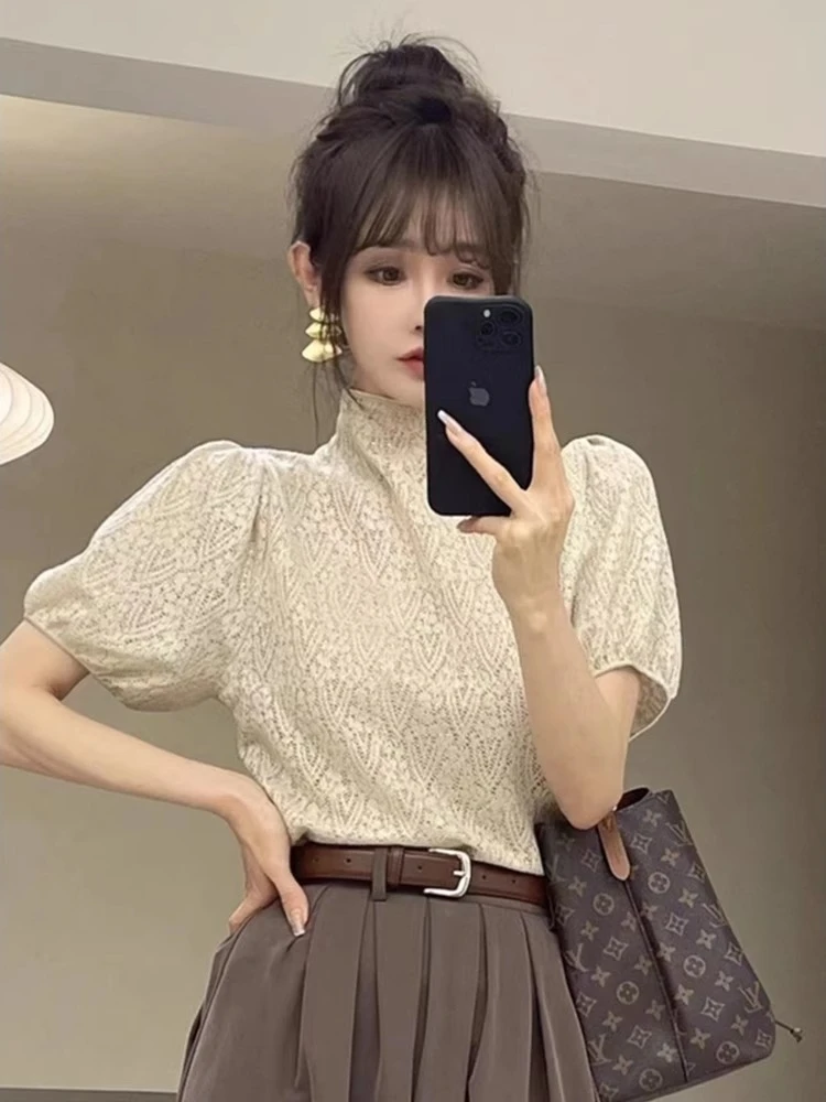 法式蕾丝烫钻泡泡短袖小衫女夏季新款温柔气质显瘦高领打底衫上衣