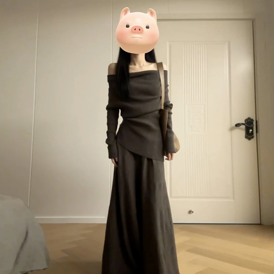 2025新款一字肩针织连衣裙子女秋冬季慵懒风穿搭一整套装内搭长裙