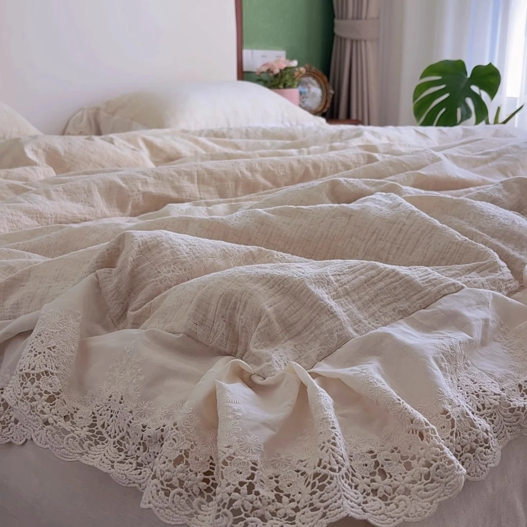 A类法式复古棉麻双层纱床上四件套全棉纯棉亚麻简约被套床单床笠
