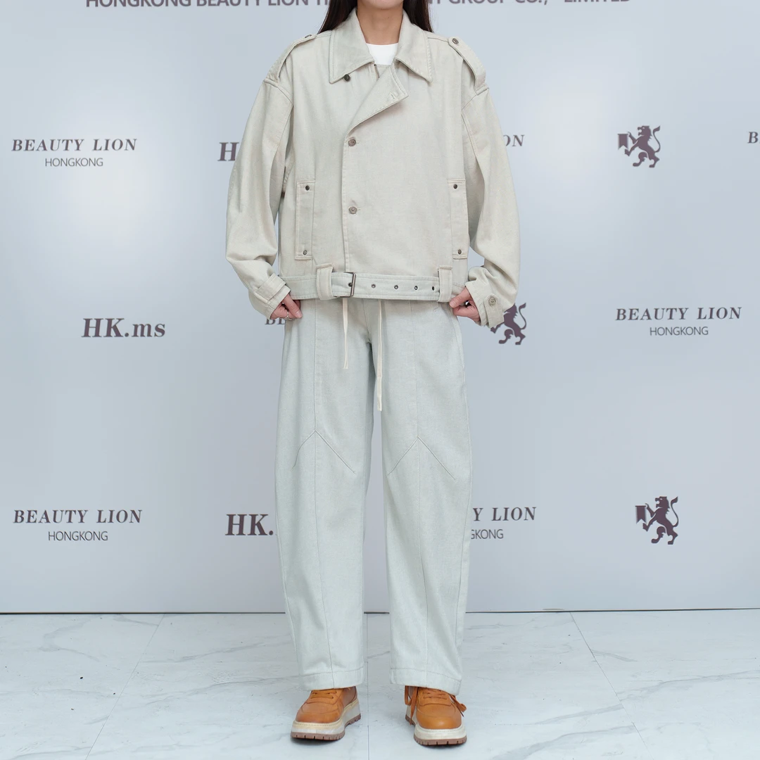 2025H·K美狮潮牌时尚秋季水洗翻领抽绳纯色百搭休闲套装