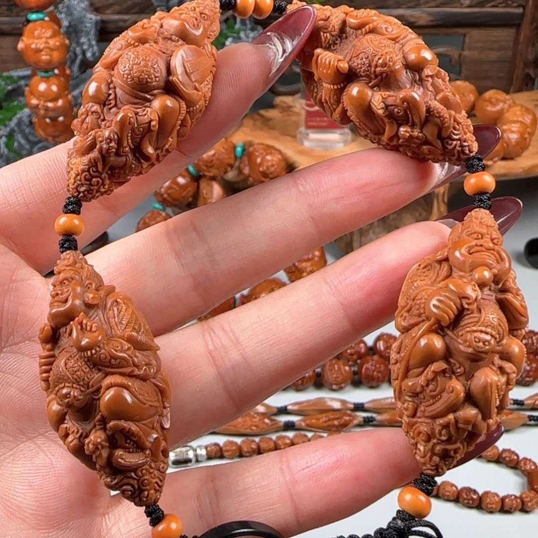 橄榄核手串/手链宽2.1鸡血红水晶核四大天王手持