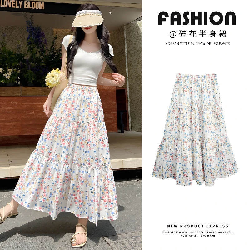 2025年夏季新款甜美风碎花长裙A字版型气质百搭显瘦冰丝面料通勤L