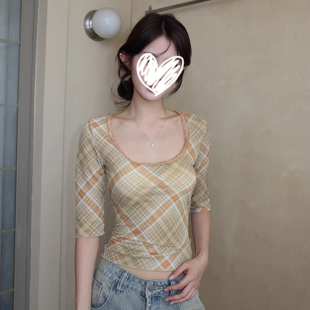 秋季新款法式简约蕾丝拼接U领中袖T恤修身显瘦纯欲百搭气质女上衣