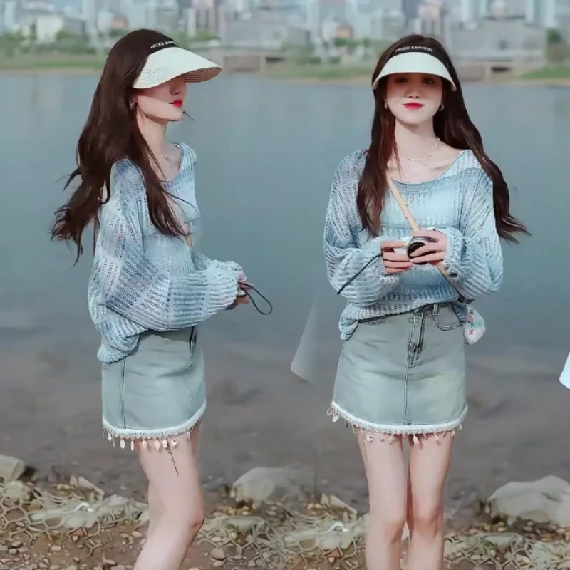 春季新款韩版圆领宽松显瘦百搭镂空渐变针织上衣显瘦牛仔A半身裙