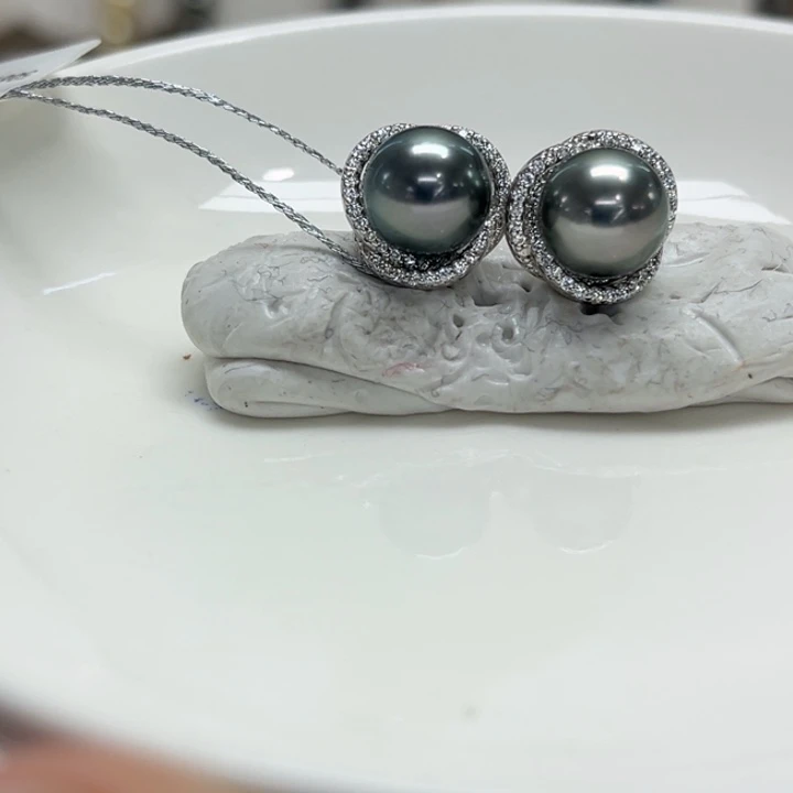 银S925镶嵌耳饰海水珍珠大溪地8-9m 69号