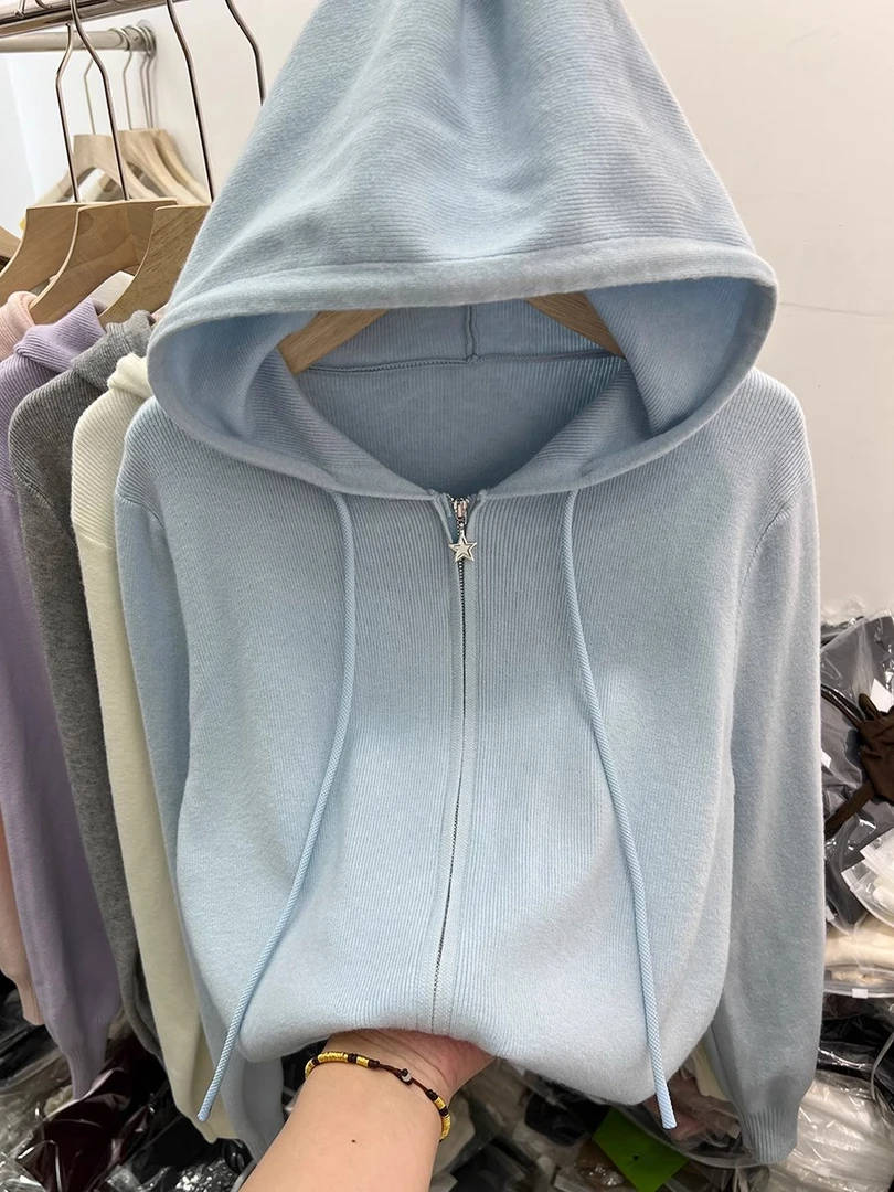 双拉链长袖针织衫开衫女上衣2025早春新款休闲洋气外搭连帽衫毛衣