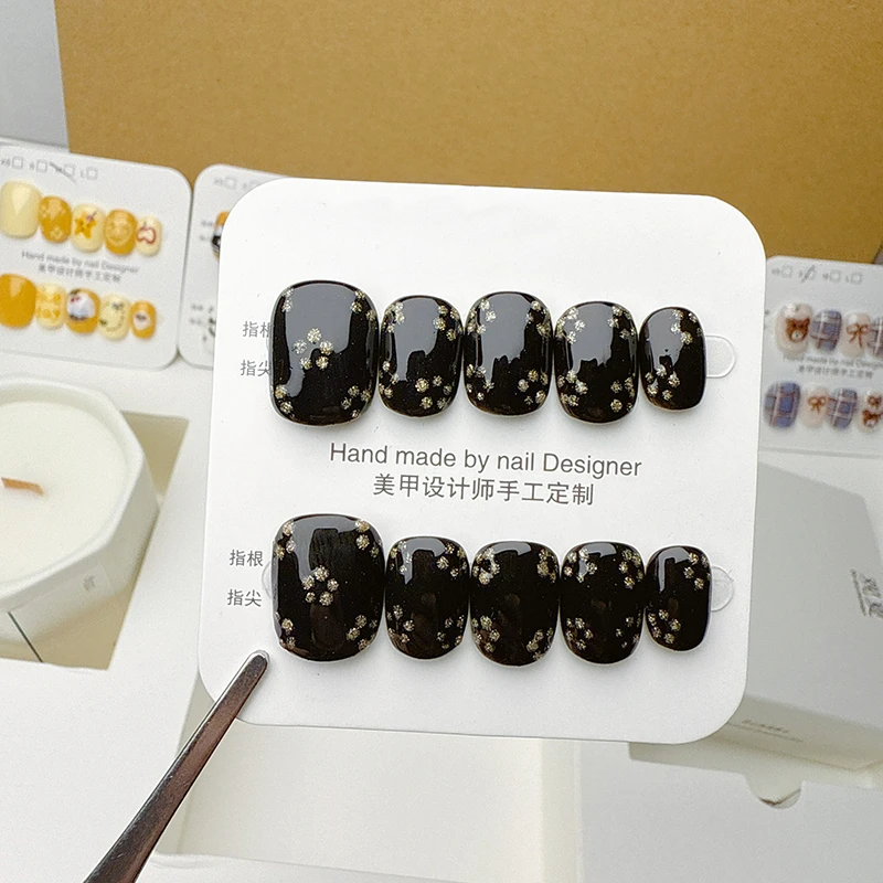 纯手工穿戴甲黑色小碎钻高端美甲假指甲短款短圆成品甲片可拆卸