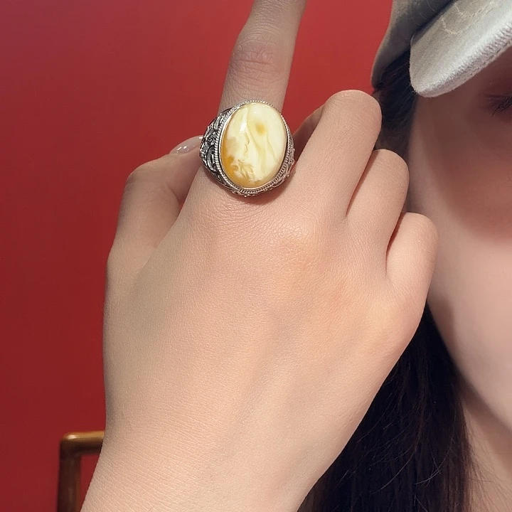 蜜蜡银S925镶嵌戒指蜜蜡