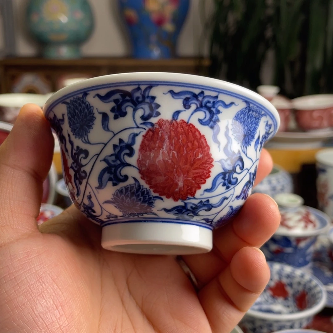釉里红霸王团菊压手杯