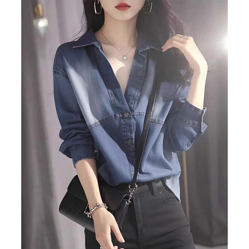 妈妈春装港风高级感牛仔衬衣女春秋2025新款复古长袖衬衣宽松上衣