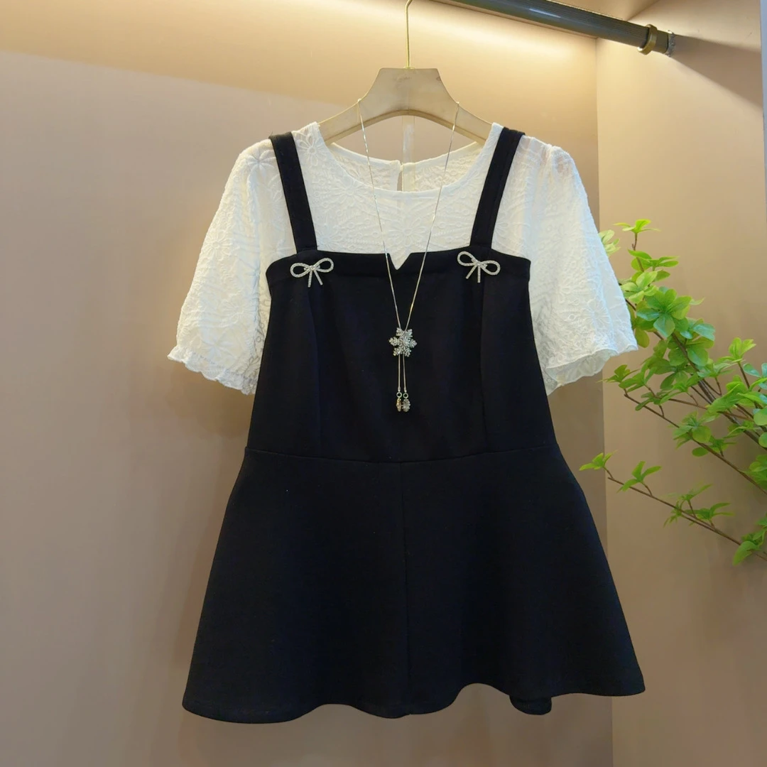 2025夏季新款气质圆领减龄洋气时尚假两件T恤短袖上衣（66左右）