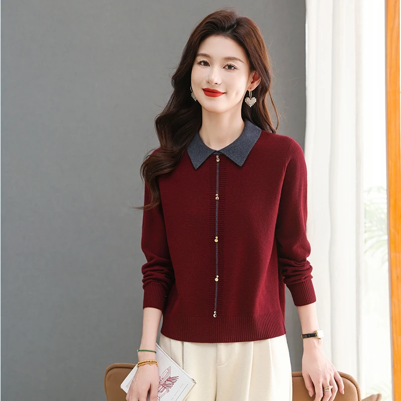 小个子短款毛衣女士翻领洋气内搭打底衫秋冬2024新款爆款红色上衣