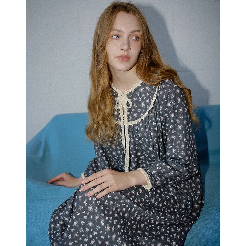 复古深灰底小花柄碎花纯棉长袖长裙纱布家居睡裙连衣裙