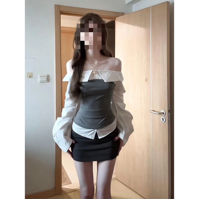 撞色拼接一字肩褶皱长袖衬衫女秋季2025新款绑带上衣A字半身裙