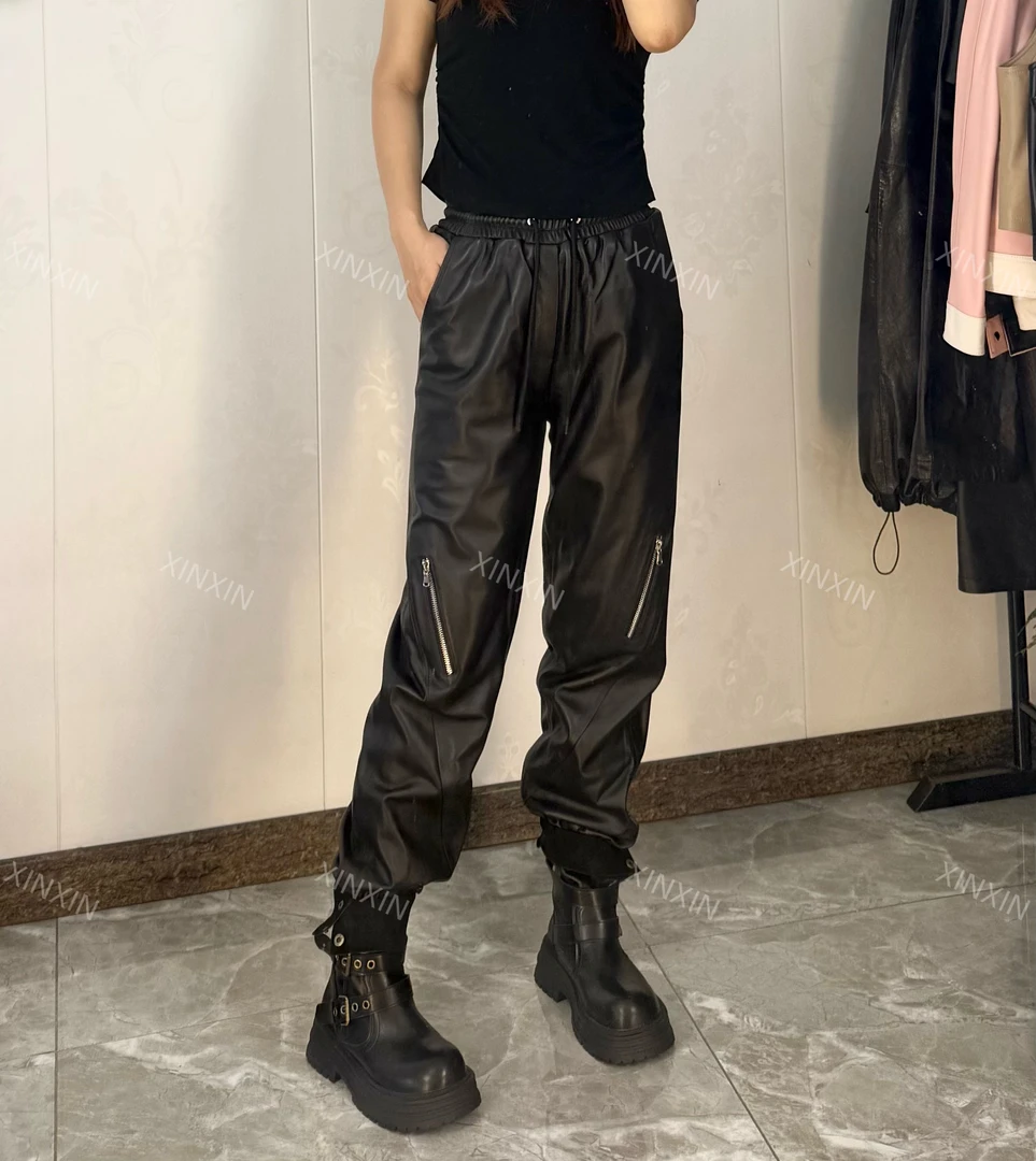 XINXIN/2025年真皮皮裤工装休闲高腰松紧个性拉链百搭时尚