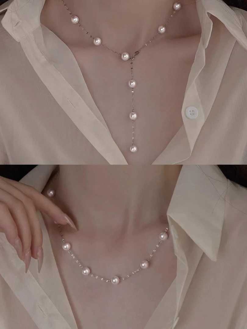 钛钢仿珍珠项链 2848钛钢高级感曼塔玫瑰满天星多戴项链（链长50）