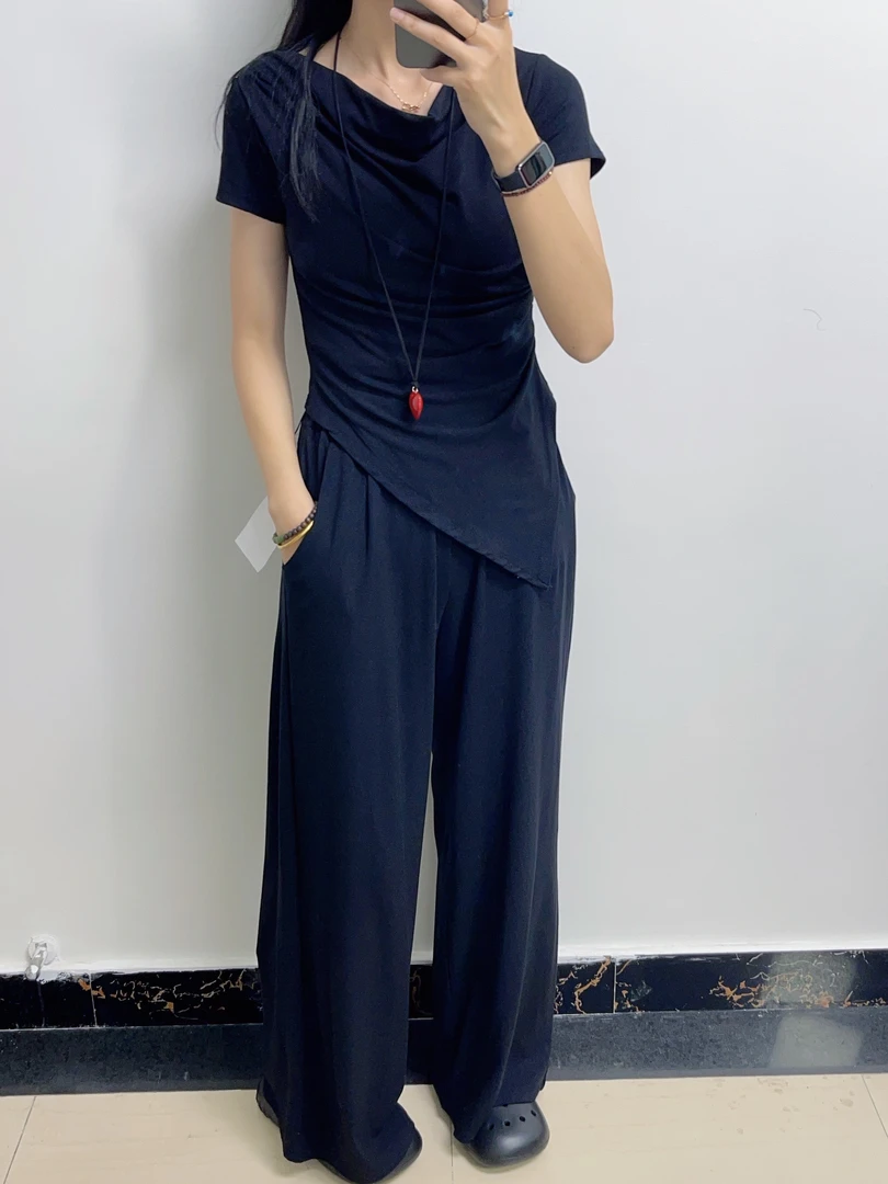 休闲风慵懒风通勤风时尚套装套装时尚女装休闲不规则黑色上衣