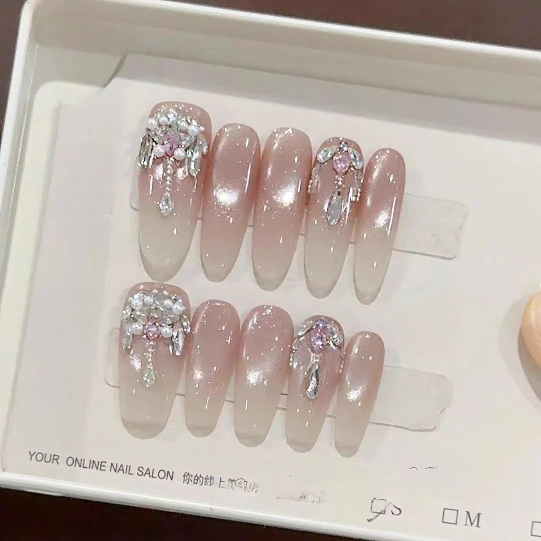 手工穿戴甲重工碎钻珍珠流苏温柔风裸色渐变猫眼气质显白美甲贴片