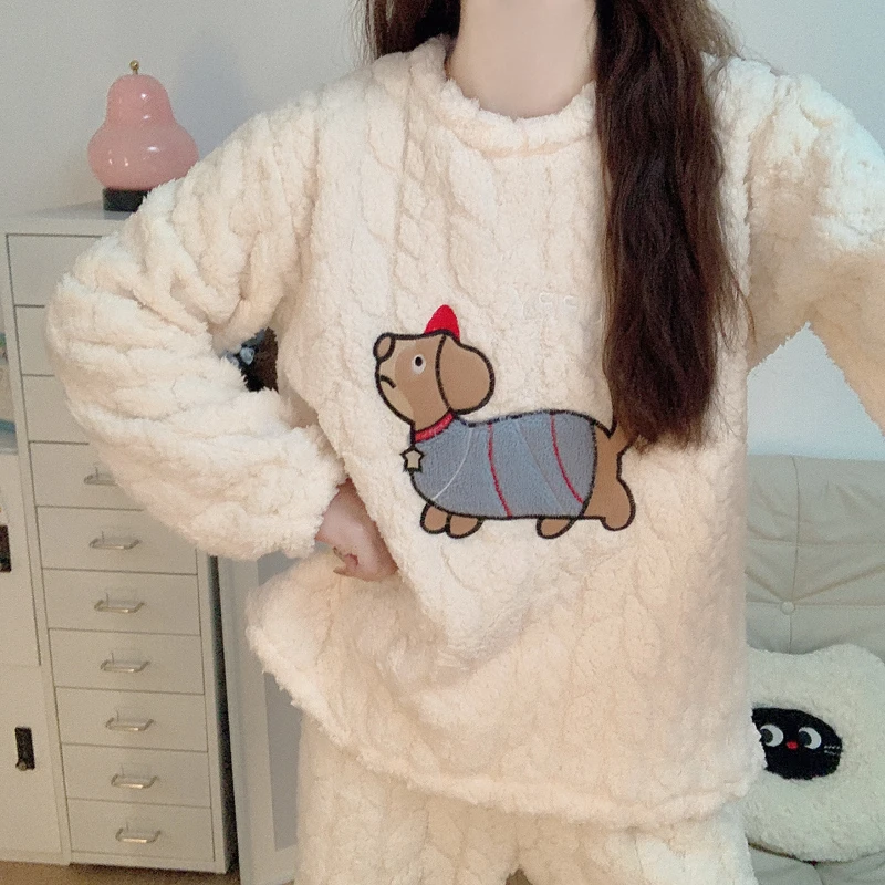 【加绒加厚】珊瑚绒睡衣女款秋冬季卡通腊肠狗法兰绒保暖家居服套装