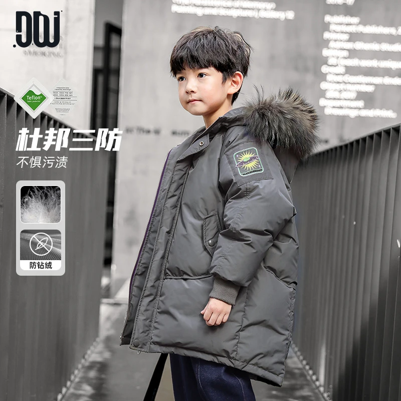 多多家5633【杜邦三防.大毛领】儿童中大童连帽90白鸭绒茧型羽绒服