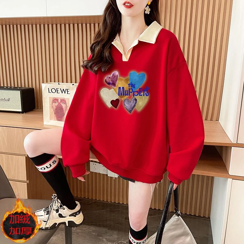 时尚大码翻领加绒卫衣女秋冬新款休闲宽松小个子oversize显瘦上衣