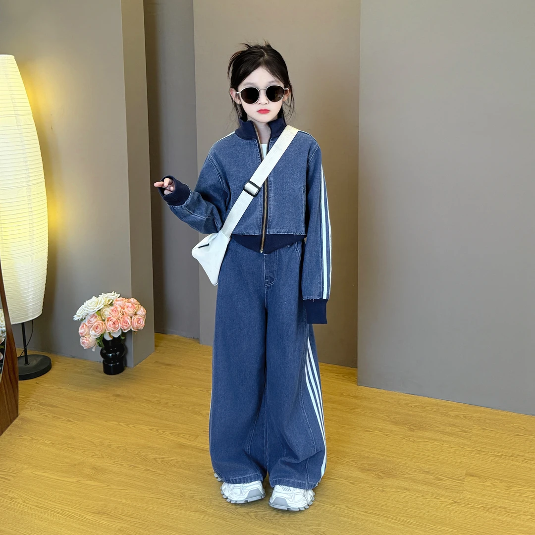 女童港风复古外套拉条牛仔套装春秋2025新款洋气时髦秋装外套套装
