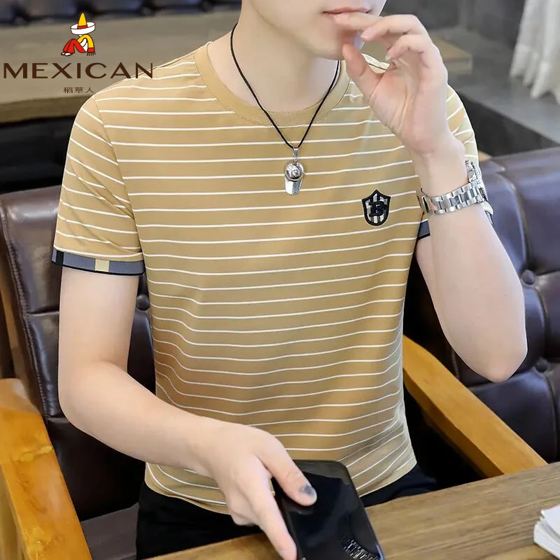 Mexican/稻草人夏季男士潮圆领短袖T恤条纹POLO衫百搭休闲薄款T恤