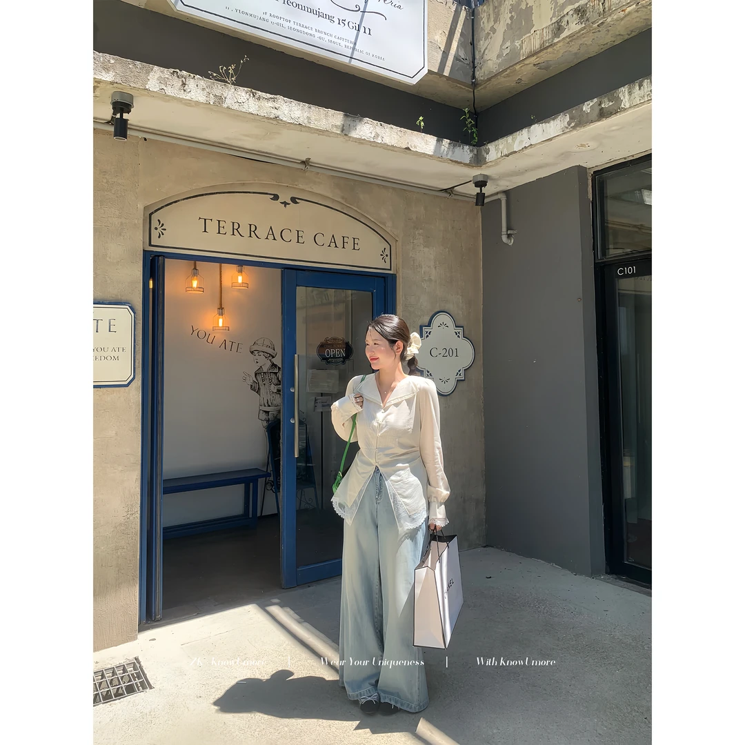 知葵微胖定制【反转芭蕾】初秋翻领蕾丝拼接收腰衬衫12253CS7993