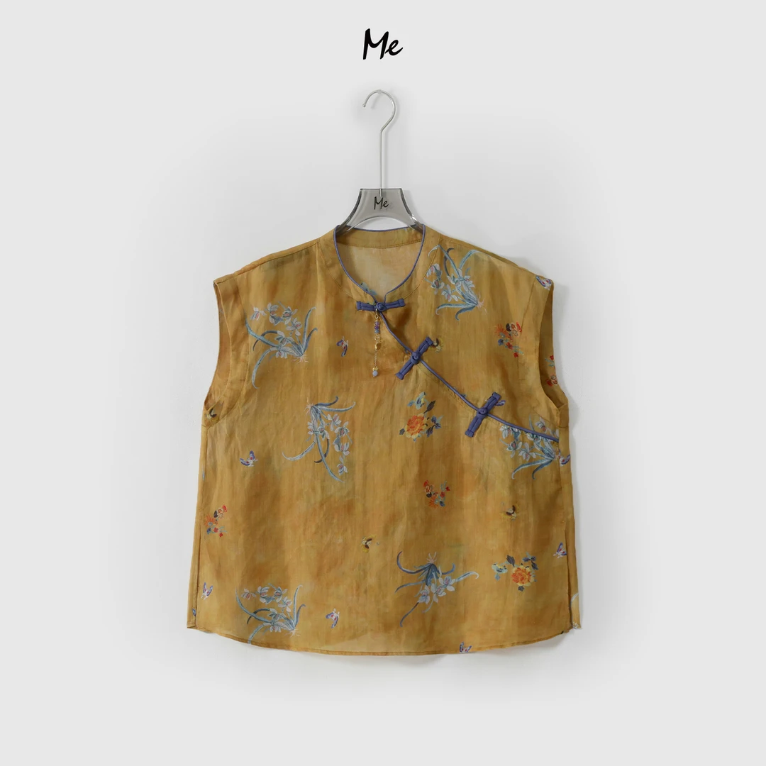 ME【100%苎麻金玉兰旗袍】定位刺绣新中式显瘦舒适百搭上衣MESS6504