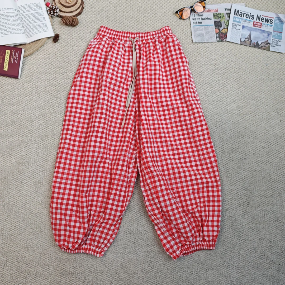 2025春季新款时尚百搭运动风格子休闲裤束脚裤9578