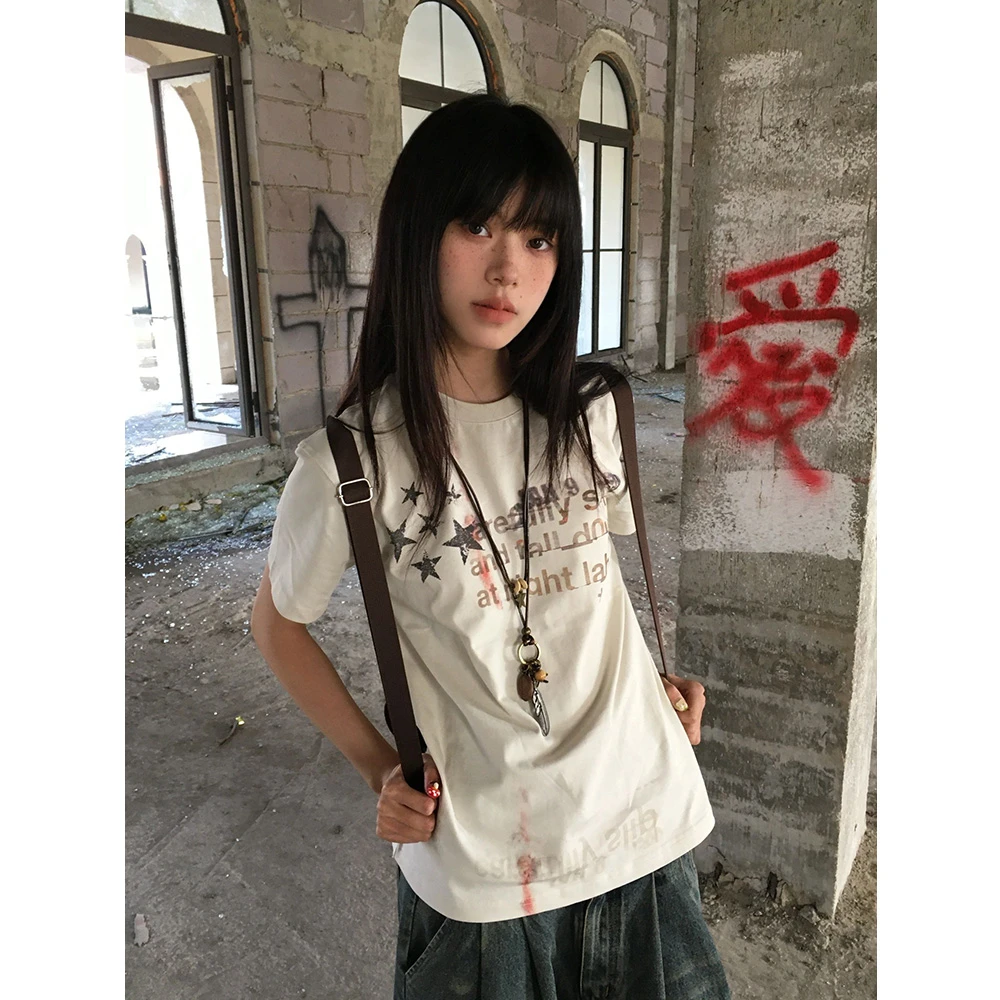 美式复古亚文化正肩短袖T恤女夏季新款星星字母印花短款显瘦上衣