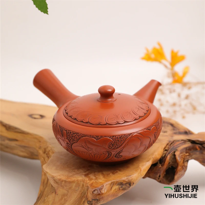 常滑烧纯手工日式紫砂侧把陶茶壶 初代舜园 朱泥 雕花 160ml