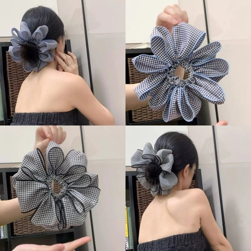 夏日花苞格纹大肠发圈女2025新款韩系小众设计后脑勺低丸子头发饰