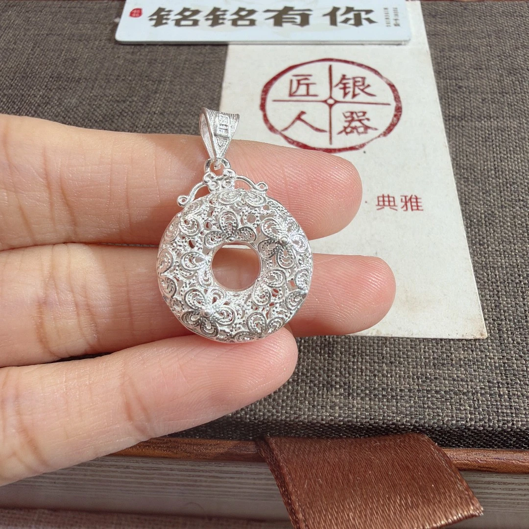 吊坠足银 花丝繁花平安扣 足银吊坠