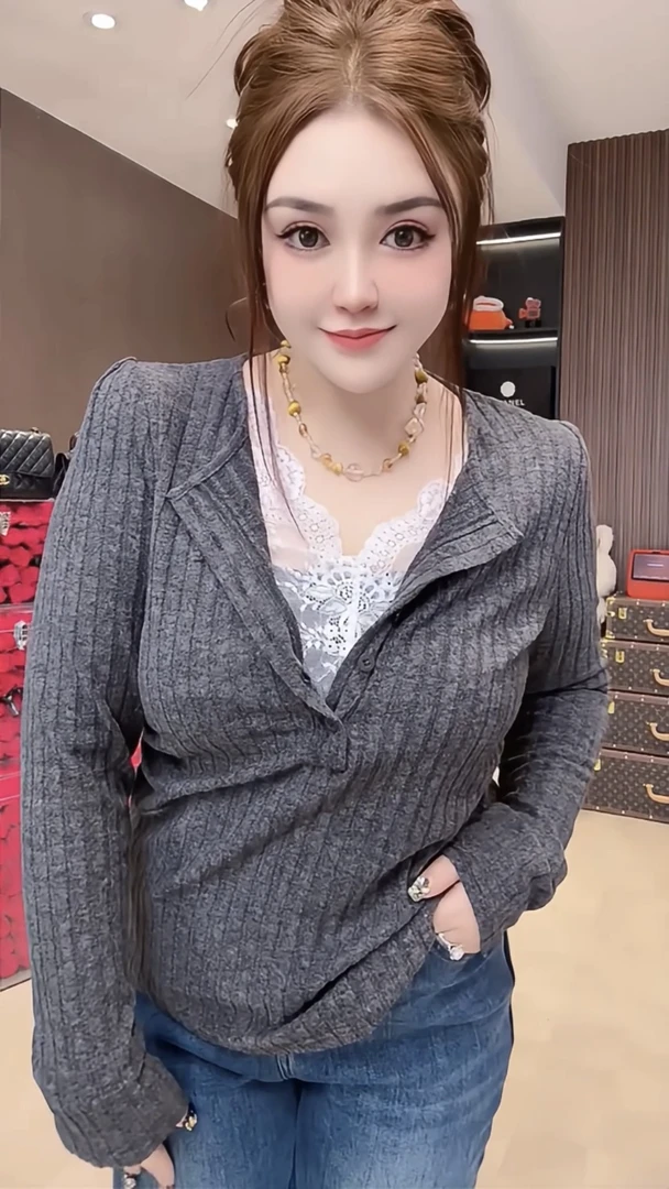 假两件蕾丝拼接V领长袖t恤女2025秋冬新款掐腰显瘦百搭打底衫上衣