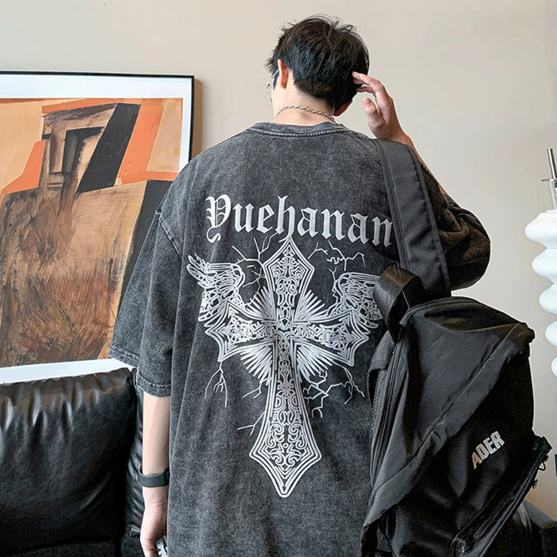 特大码300斤美式复古短袖t恤男夏季潮牌ins做旧水洗欧美印花宽松