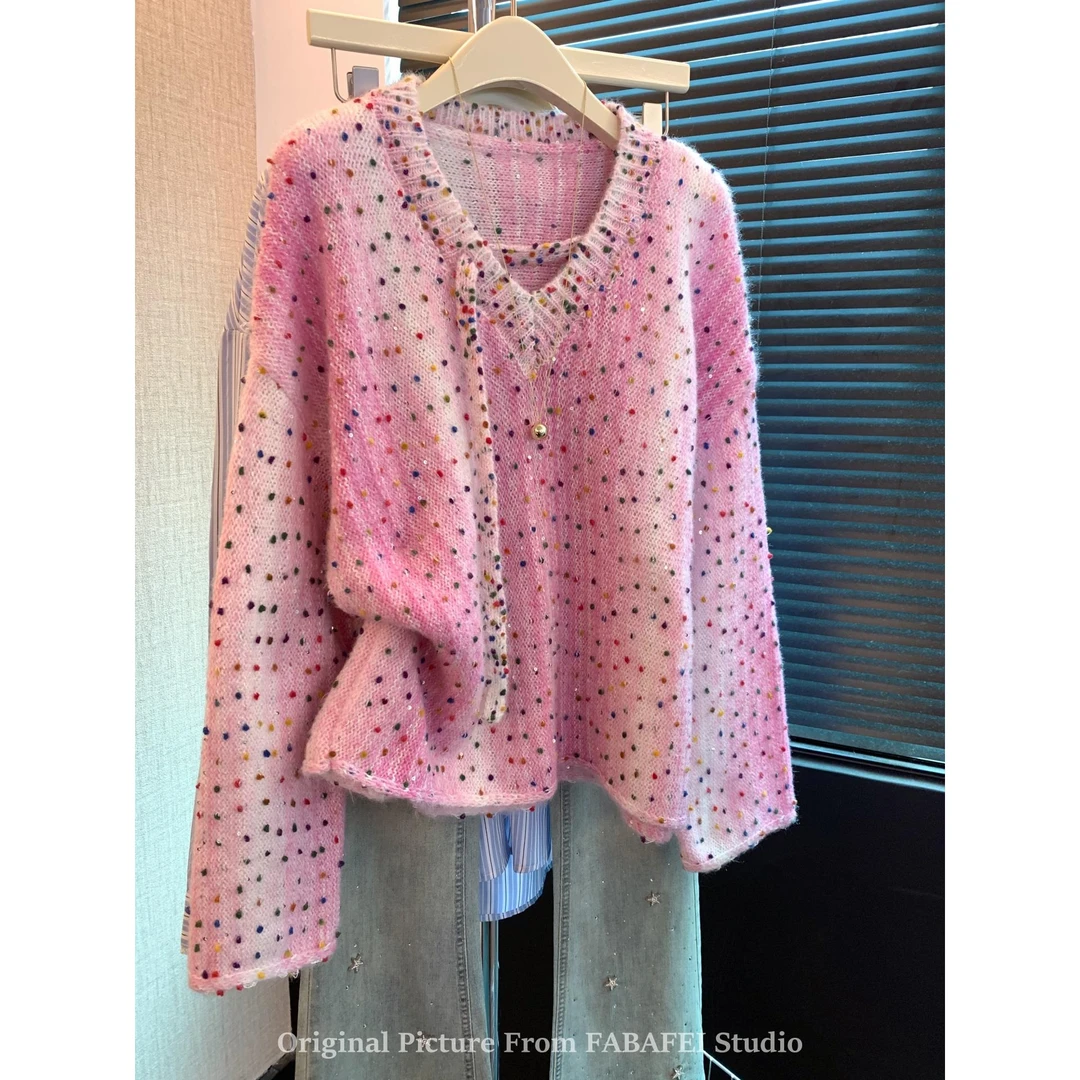 多巴胺粉色渐变毛衣女秋2025新款彩点高级感针织衫软糯马海毛上衣