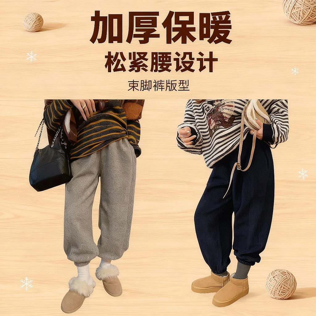 智英欧尼 休闲卫裤【宽松保暖加厚松紧腰秋冬暖裤束脚裤】