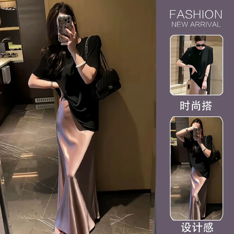 孕妇装夏季2025新款高级感小香风黑色衫醋酸半身裙两件套装