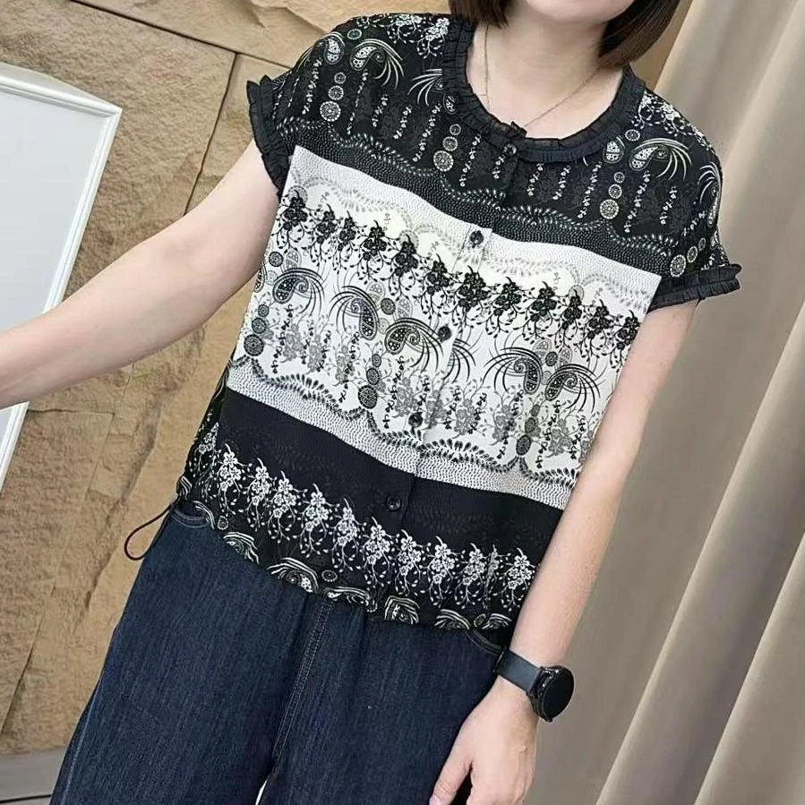 【超凉爽超好看】女士休闲上衣气质落肩袖短袖碎花T恤雪纺上衣减龄