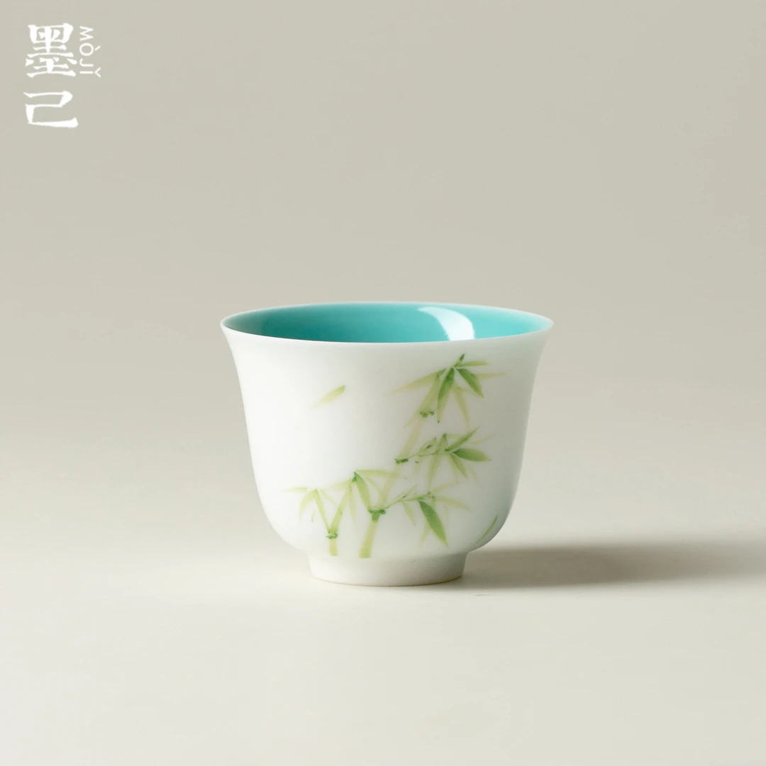 墨己玉泥白瓷手绘竹子小号品茗杯家用茶杯功夫茶具松石绿内釉单杯