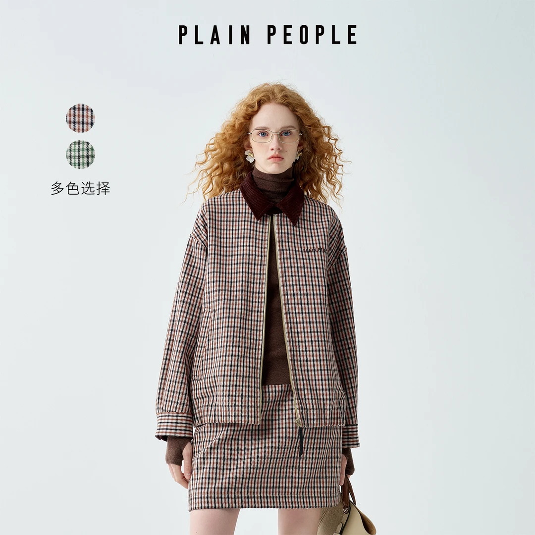 PLAIN PEOPLE复古学院格纹灯芯绒撞色翻领夹克短外套女绿色2025秋