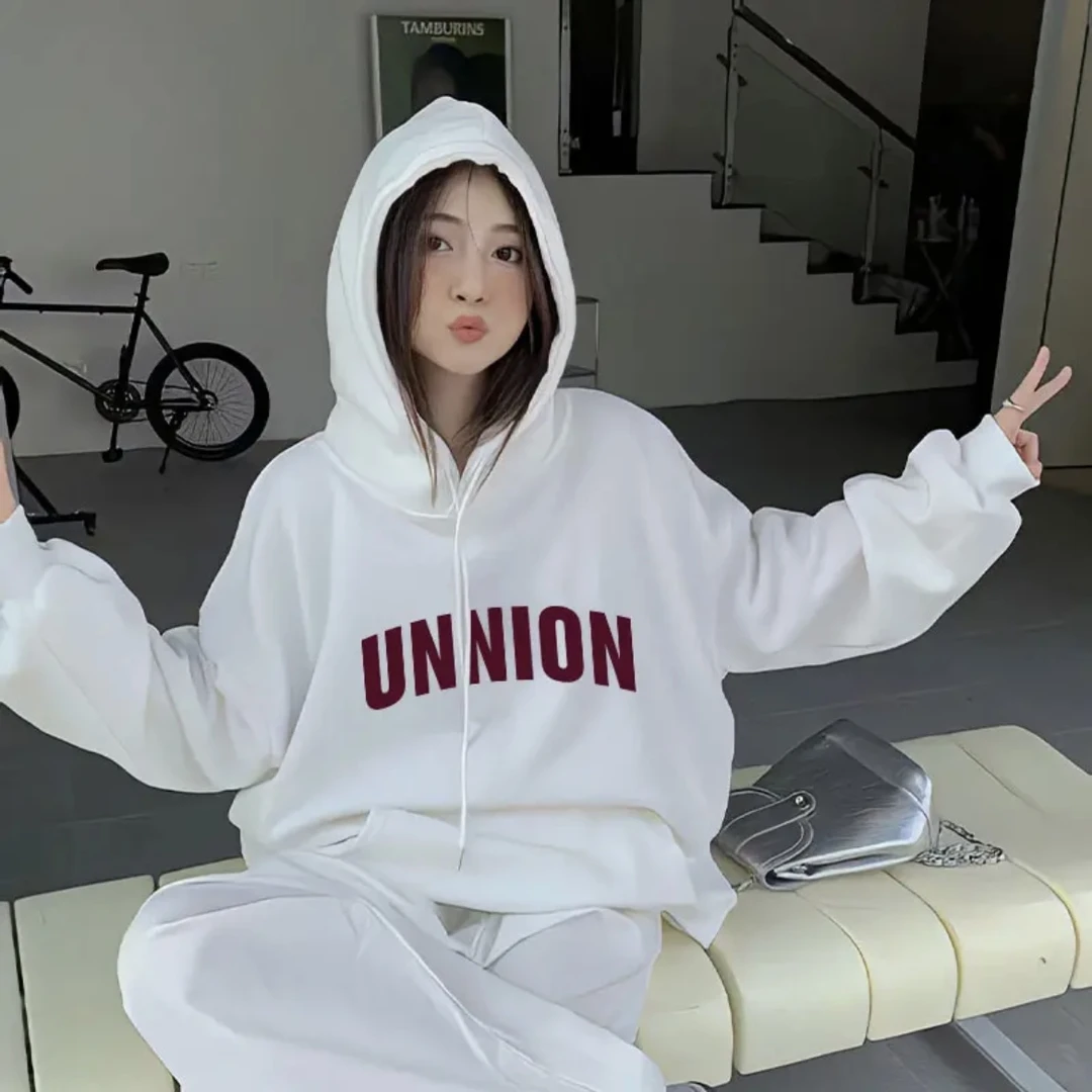 简约慵懒风字母印花连帽时尚加绒卫衣男女宽松韩版潮牌上衣百搭