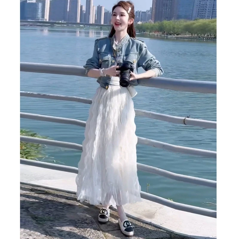 时尚减龄漂亮套装裙女春季新款美式复古牛仔外套网纱半身裙两件套