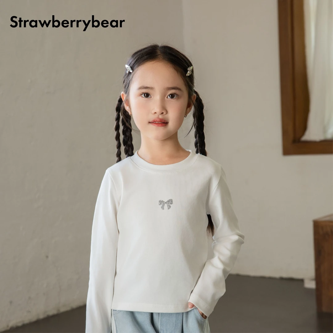 草莓熊Strawberrybear棉打底衫女童长袖2025新款白色粉色针织衫