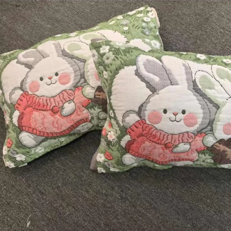 【悠闲伙伴兔】枕巾52×78泡芙纱布一对装成人卡通柔软