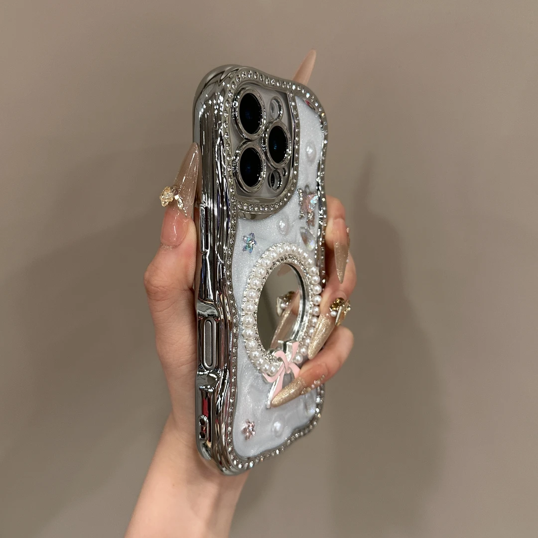 ins风高级感奢华闪钻补妆镜14p适用15pro苹果16Pro手机壳13女款潮