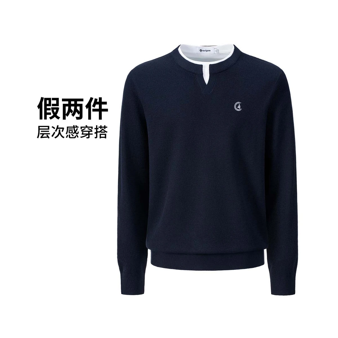 [假两件]navigare意大利小帆船双层领设计华夫格长袖针织衫男上衣